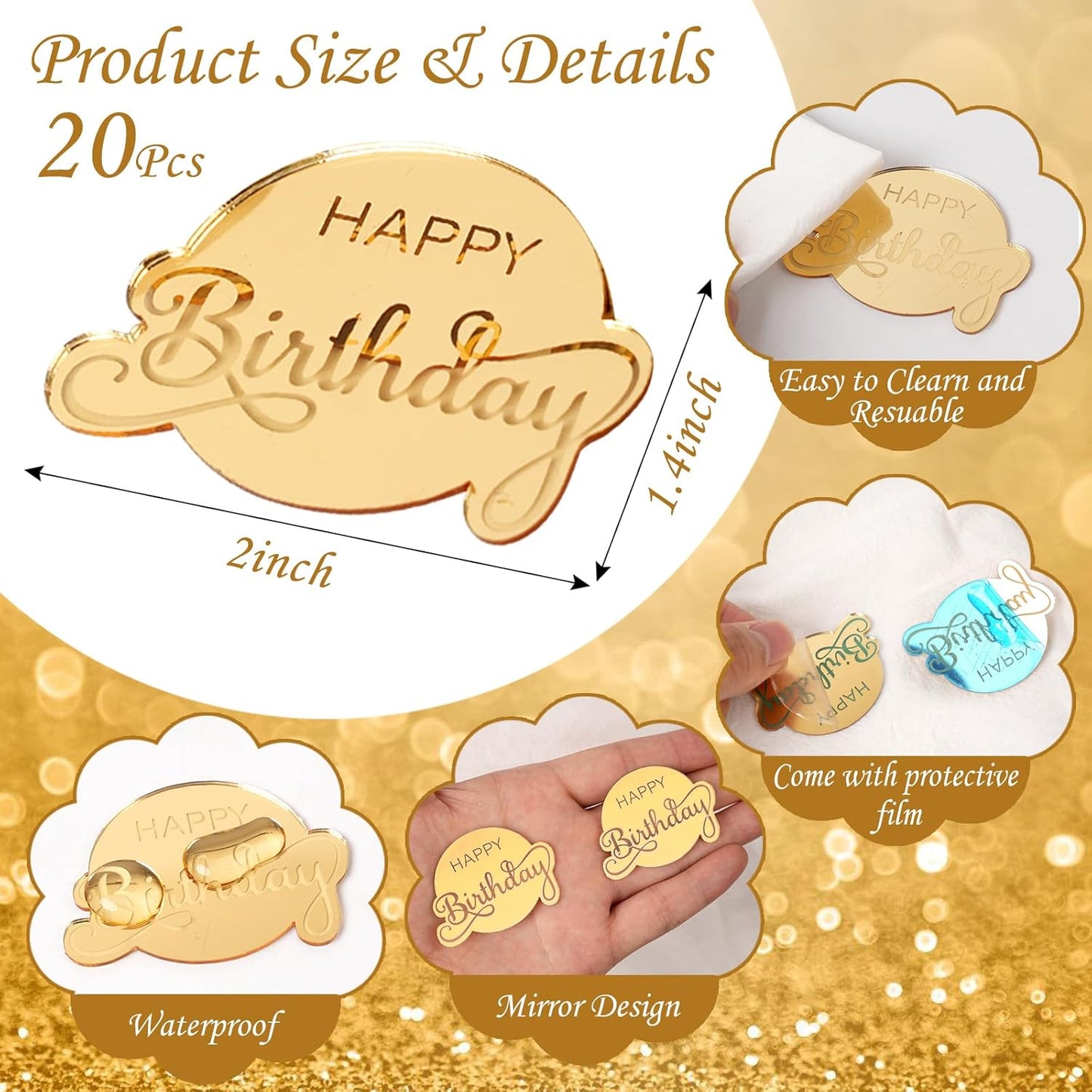 20pcs Gold Mirror Acrylic Happy Birthday Cupcake Toppers Round Engraved Cake Picks Happy Birthday Cake Toppers for DIY Birthday Gift Flower Bouquet Pastries Desserts Decor
