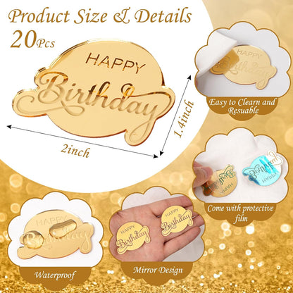 20pcs Gold Mirror Acrylic Happy Birthday Cupcake Toppers Round Engraved Cake Picks Happy Birthday Cake Toppers for DIY Birthday Gift Flower Bouquet Pastries Desserts Decor