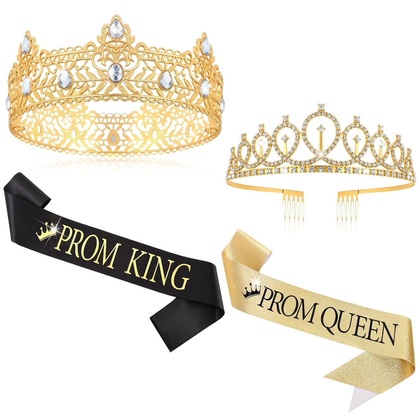 Lyrow 4 Pcs Prom King and Queen Crown Set, Prom King Crown with Sash for Graduation, Queen Tiara with Sash for Grad Couple Accessories Homecoming Birthday Party(Cute,Black,White)