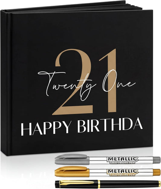 Engrowtic Birthday Scrapbook for 16th 18th 50th 60th, Happy Birthday Guestbook 7.87 x 7.87 Inches Photo Booth Album Signature Book with Gold Silver and Black Gel Pens, 72 Sheets