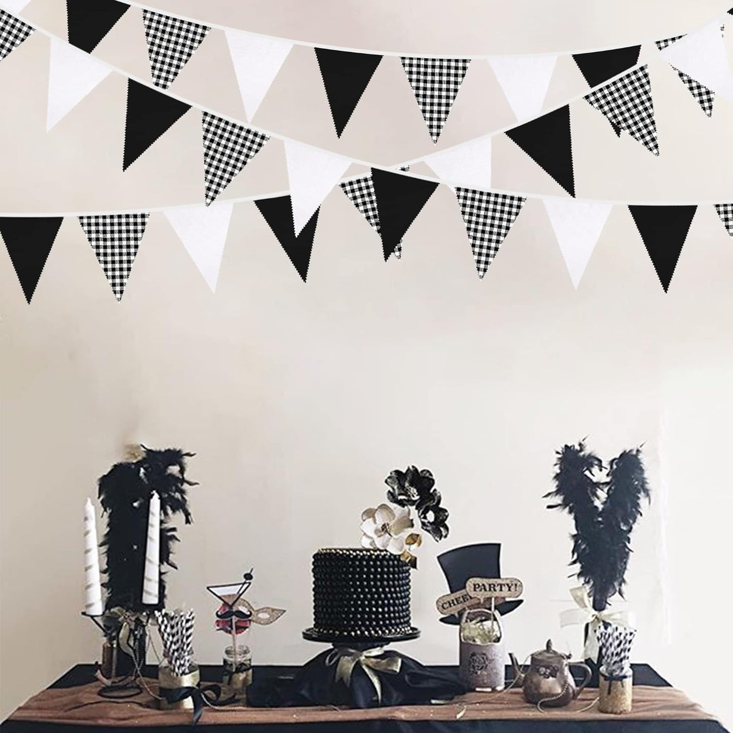 32Ft Dusty Blue Party Decorations Retro Blue Gingham Triangle Banner Flag Pennant Fabric Garland Streamers for Nautical Wedding Birthday Ahoy Achor Bridal Baby Shower Under The Sea Decor Supplies