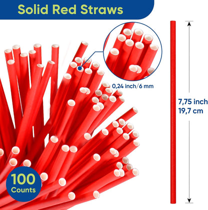 Disposable Paper Straws Solid Green - 7.75'' x 0.24'', 100 Counts - for Drinking, Beverage, Juice, Soda, Bar Supplies