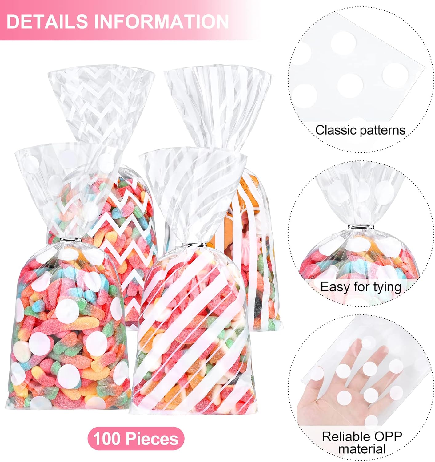 Aodaer 100 Pieces 10.6 x 5.1 In White Cellophane Bags Plastic Candy Gift Bag Cellophane Treat Bags with Twist Ties Stripes Polka Dot Printed Pattern Goodie Bag for Birthday Weddings Party Favors