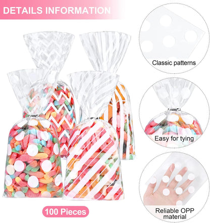 Aodaer 100 Pieces 10.6 x 5.1 In White Cellophane Bags Plastic Candy Gift Bag Cellophane Treat Bags with Twist Ties Stripes Polka Dot Printed Pattern Goodie Bag for Birthday Weddings Party Favors