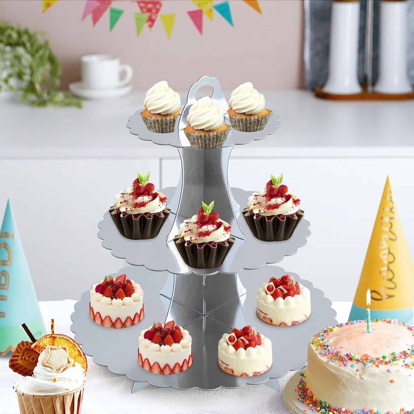 Soleebee 3-Tier Cupcake Stand, Cardboard Cupcake Tower, Dessert Cup Cake Stand Tower for Birthday Wedding Party Decoration, Cupcake Tier Stand 1 Set (Black)
