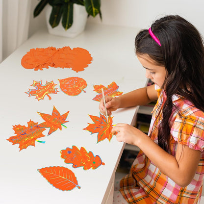 Frienda 80 Sets Fall Crafts Thanksgiving Scratch Crafts Colorful Color Scratch Maple Leaves Art Thanksgiving Arts and Craft for Classroom Activities Party Favors, 8 Design