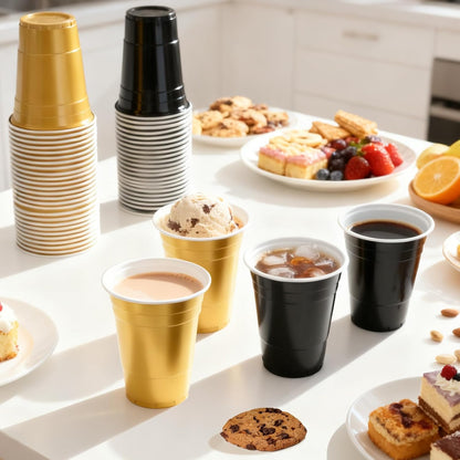 GGOLDMER 50 Pack 16oz Plastic Party Cups - Black and Gold Disposable Plastic Cups Graduation Cup for Cold Drinks, Halloween, Party, Weddings, Birthdays, Picnic, Holiday