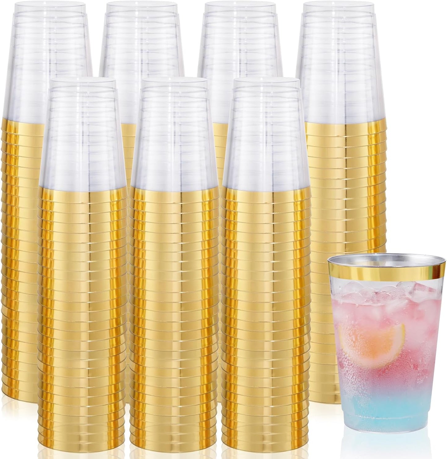 supernal 100pcs Gold Plastic Cups 12 oz, Glitter Clear Disposable Cups Heavy Duty, Fancy Plastic Cocktail Tumblers for Wedding, Parties Champagne & Mixed Drinks