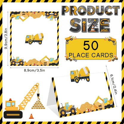 Construction Table Place Cards 50pcs Dump Truck Tent Cards Digger Excavator Food Labels Car Blank Name Card for Birthday Baby Shower Construct Theme Party Table Setting Supplies