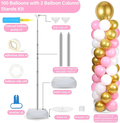 2 Set Black and Gold Balloons Column Stand Kit with 100 Balloons Adjustable Balloon Stand with Bases for Floor Black Gold Confetti Balloon Column Kit for Bridal Shower Valentine Birthday Party Decor