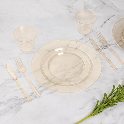 Goodluck 350 Piece Silver Plastic Dinnerware Set for 50 Guests, Fancy Disposable Plates for Party, Include: 50 Dinner Plates, 50 Dessert Plates, 50 Pre Rolled Napkins with Silver Silverware, 50 Cups