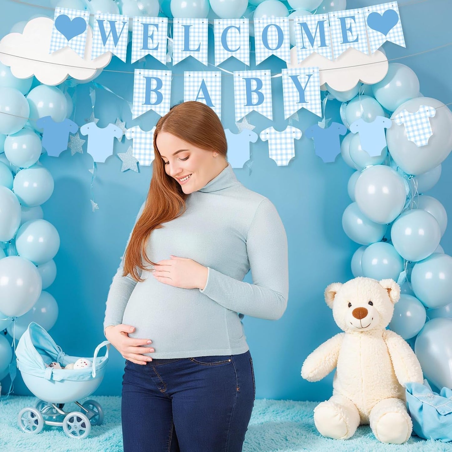 Hahafelt 1 Pcs Blue Gingham Welcome Baby Boy Banner for Baby Shower Party Decorations Pre Strung Gender Reveal Paper Banner for Table, Wall, Mantel Display Party Decor Supplies