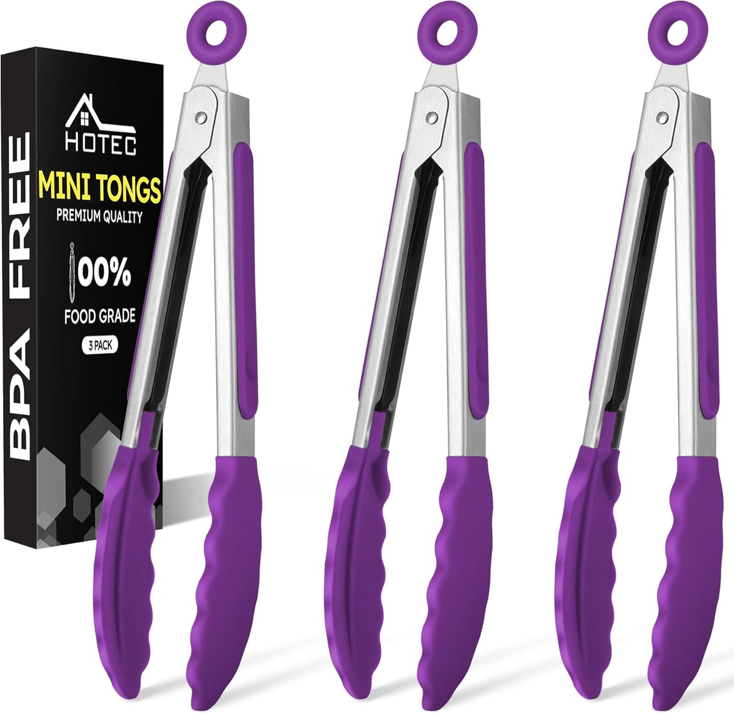 Hotec Mini Silicone Kitchen Tongs for Cooking - 7-Inch Small Serving Tongs with Silicone Tips, Set of 3 (Blue)