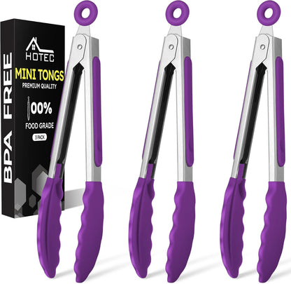 Hotec Mini Silicone Kitchen Tongs for Cooking - 7-Inch Small Serving Tongs with Silicone Tips, Set of 3 (Blue)