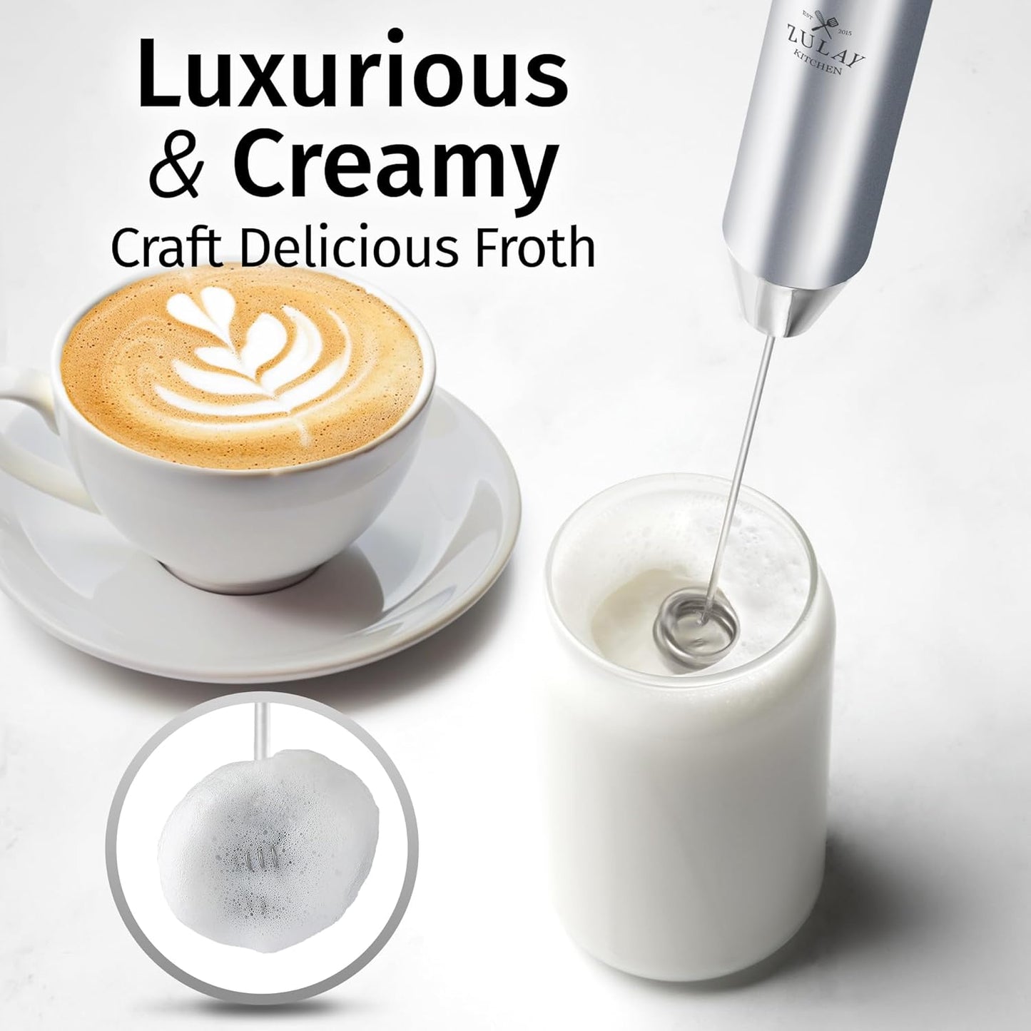 Zulay Kitchen Powerful Milk Frother Wand With Duracell Batteries - Ultra Fast Handheld Drink Mixer - Electric Whisk Foam Maker for Coffee, Lattes, Cappuccino & Matcha - Z1 Motor - Black - Colors C
