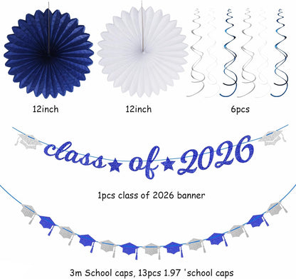 2026 Blue Class-Congratulations Prom Graduation Party-Decorations - 22pcs High School College Grad Supplies Decor,Royal Navy White Silver Tissue Pom Poms Streamers, Paper Flowers Lanterns Hugmoon