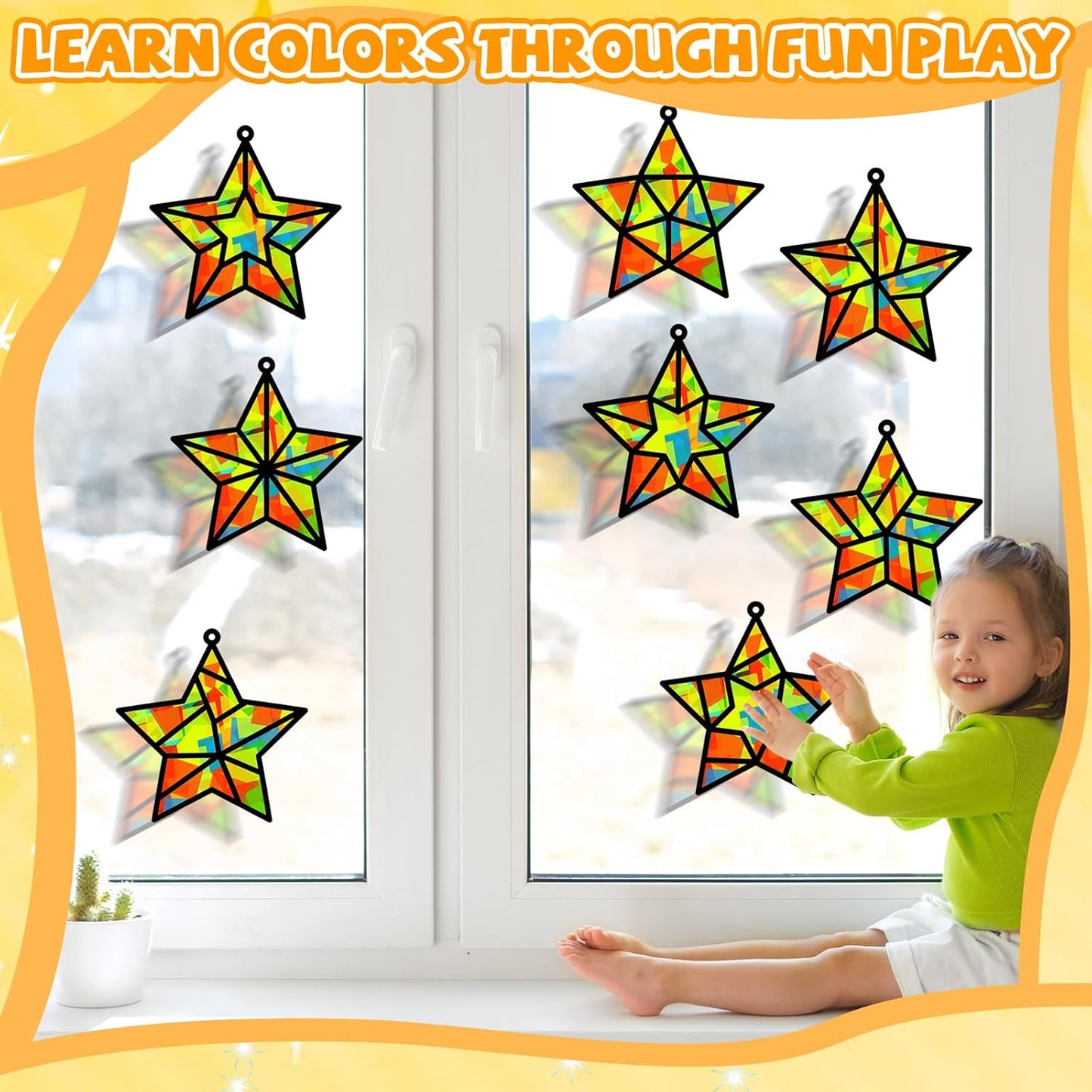 QOUBAI 32 Sets Stars Suncatchers Craft Back to School DIY Stained Glass Window Patriotic 4th of July Paper Craft Home School Classroom Decor Kid Birthday Gift Creative Art Activity Game - Colors A