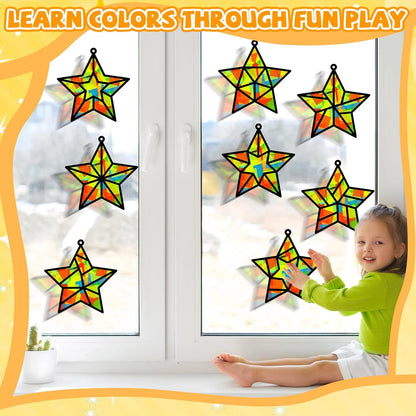 QOUBAI 32 Sets Stars Suncatchers Craft Back to School DIY Stained Glass Window Patriotic 4th of July Paper Craft Home School Classroom Decor Kid Birthday Gift Creative Art Activity Game - Colors A