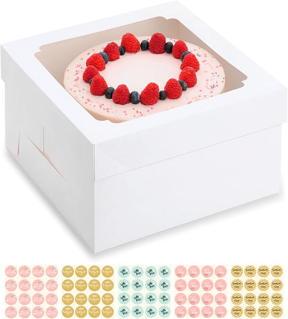 12x12x8 Inch Cake Boxes 20 pcs, Large 12 Inch Cake Box with Window for 8 Inch Tall Tiered Bakery Cakes, Pies, Sturdy Square White Cardboard, Cake Decorating Supplies (80 Pcs Stickers)