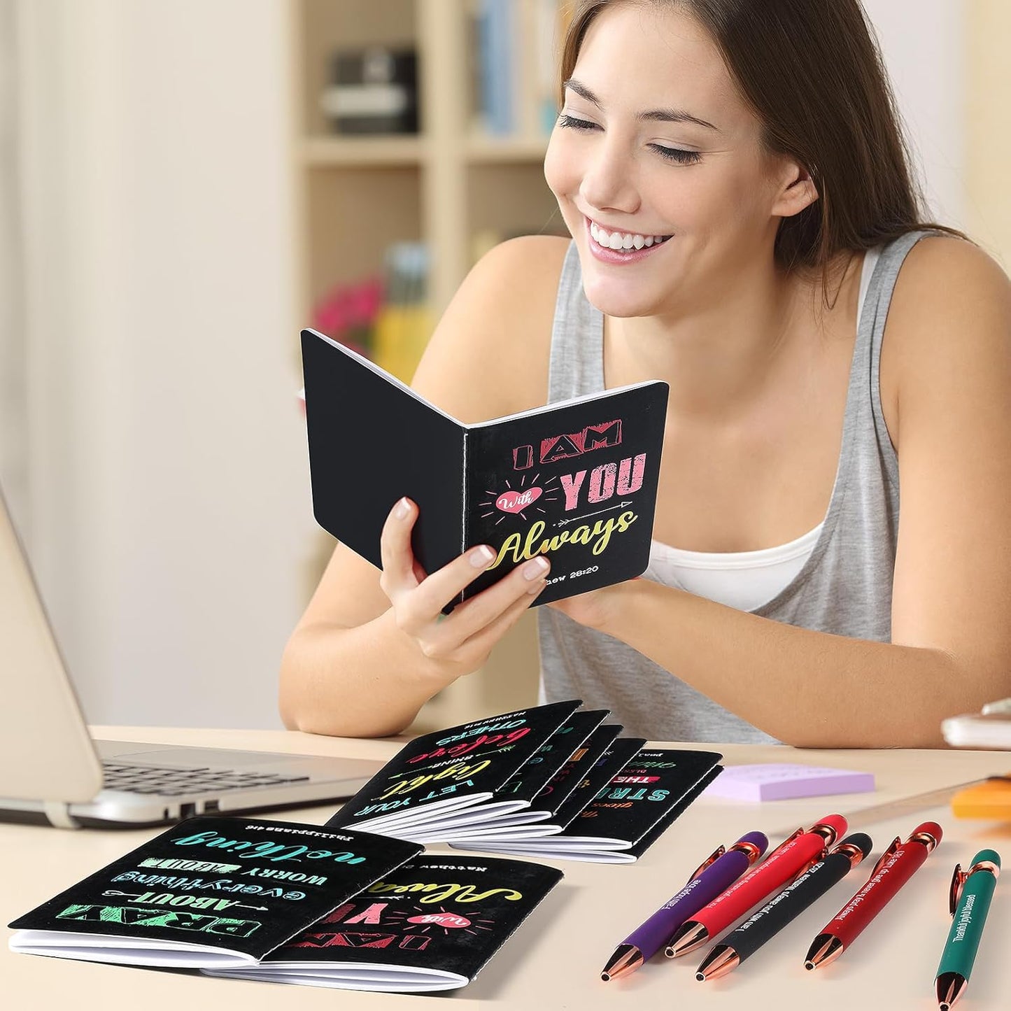 Funrous 32 Pcs Motivational Quote Pens Inspirational Notepads Mini Journal with Ballpoint Pen Small Notebooks Gift for Men Women Coworker Adult Party Favors Prize Teacher Student Office(Stylish)