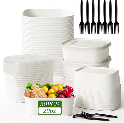 50-Pack 29oz Disposable Kraft Paper Bowls【with Lids and Forks】,Meal Prep Containers Disposable Togo Food Deli Containers for Restaurant Supplies Take Out Containers, Microwave Safe for Hot/Cold Food