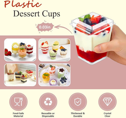 320-Pack Dessert Cups with Spoons 5 oz Mini Plastic Dessert Cups for Party Yogurt Parfait Jello Fruit Appetizer Cocktail Small Clear Reusable Square and Round Goblet-Shaped Dessert Bowls Shot Glasses