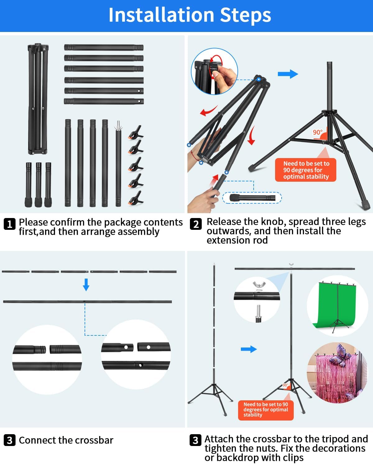 HEMMOTOP T Shape Backdrop Stand, 8x6.8ft(HxW) Portable Photo Background Stand Kit for Parties, Green Screen Stand Only with 5 Spring Clamps and Carrying Case, Banner Holder for Photoshoot, Photography