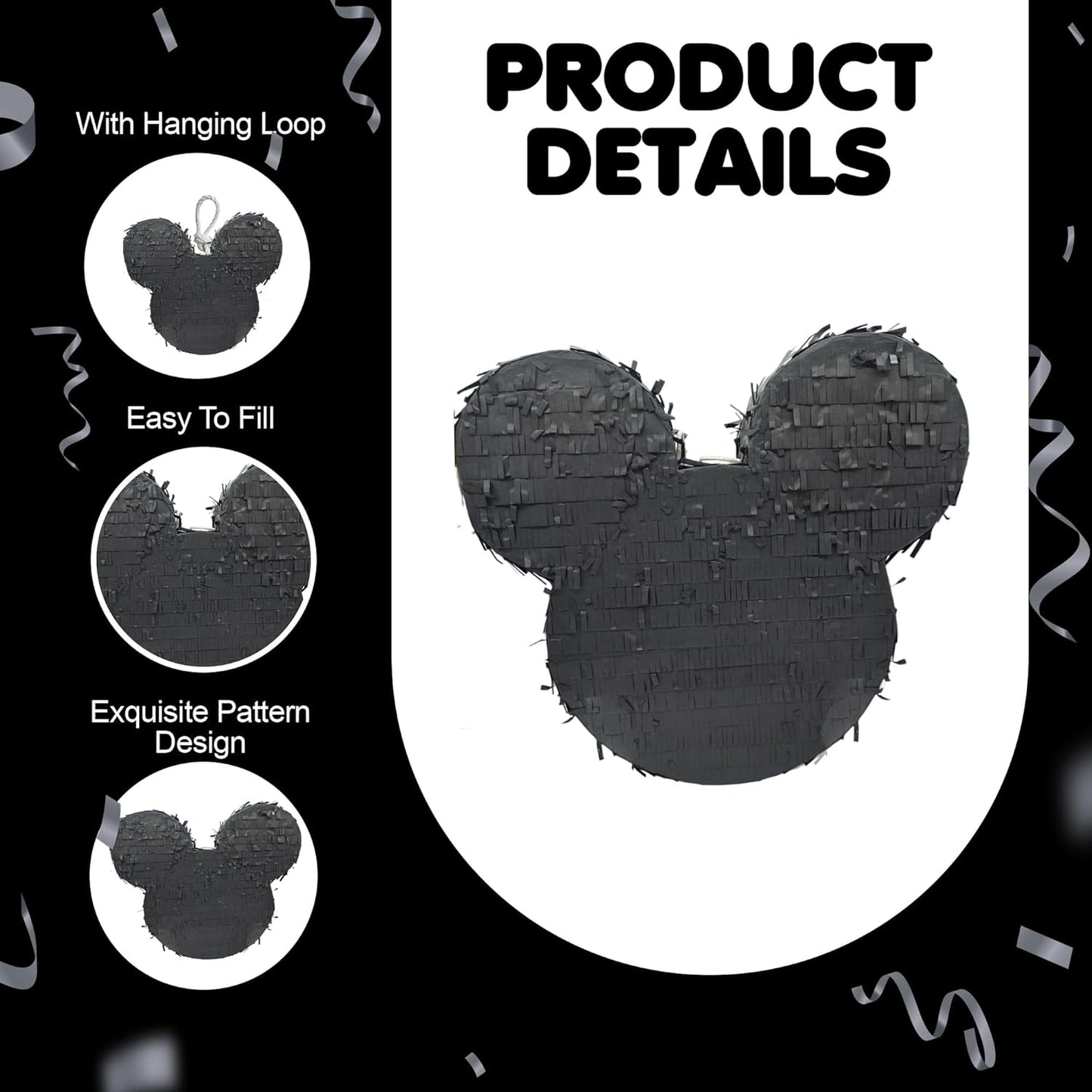 APINATA4U 17.5" Mouse Ears Pinata Kit - Perfect for a Magical Mouse Theme Birthday Party in Classic Black! Includes Stick and Confetti for Extra Fun!