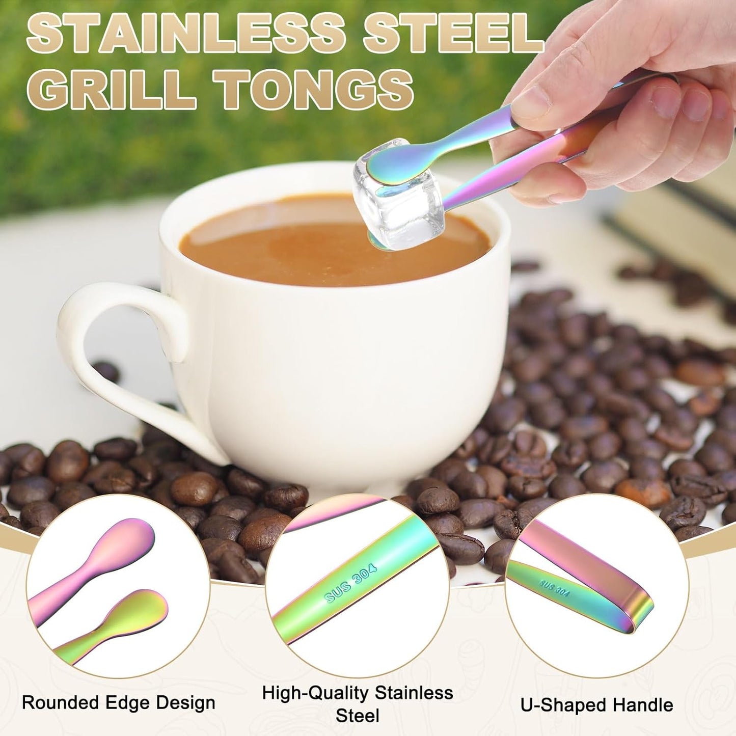 M METERXITY 12-Pack Mini Serving Tongs, 4.3 Inch 304 Stainless Steel Mini Sugar Cube Ice Tongs for Tea and Coffee Party/Outdoor Activities, Small U-shaped Metal Accessories [Colorful]