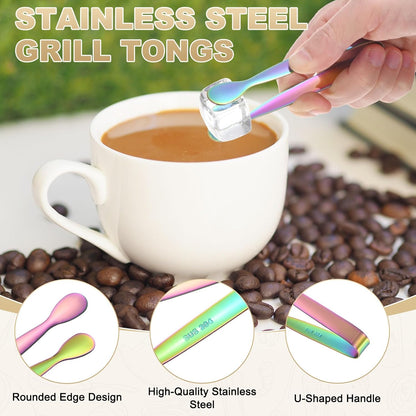 M METERXITY 12-Pack Mini Serving Tongs, 4.3 Inch 304 Stainless Steel Mini Sugar Cube Ice Tongs for Tea and Coffee Party/Outdoor Activities, Small U-shaped Metal Accessories [Colorful]