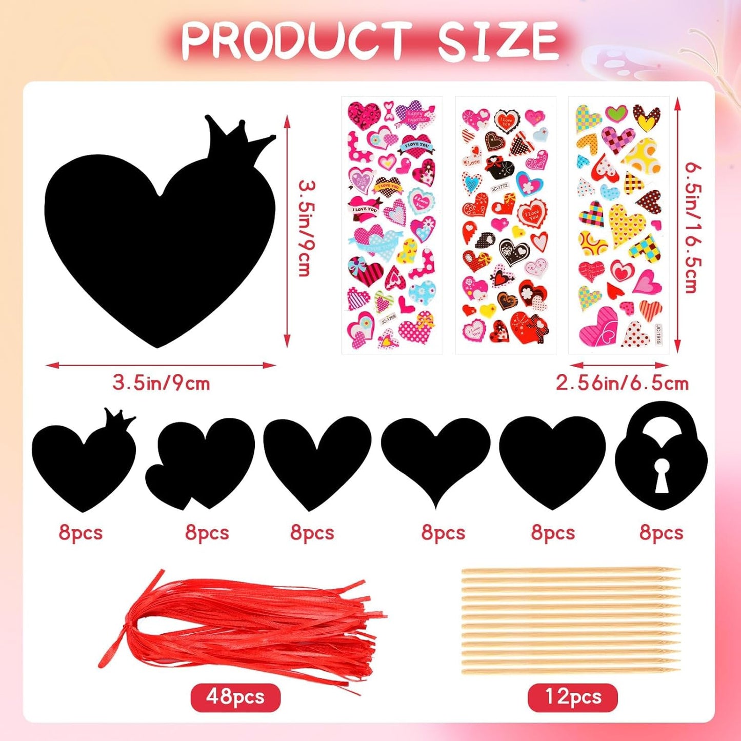 FEBSNOW Valentines Crafts for Kids, 48 PCS Heart Rainbow Magic Scratch Art Day Cards for Kids Classroom Scratch Paper Art for Valentines Day Gifts Party Favors witn Heart Stickers