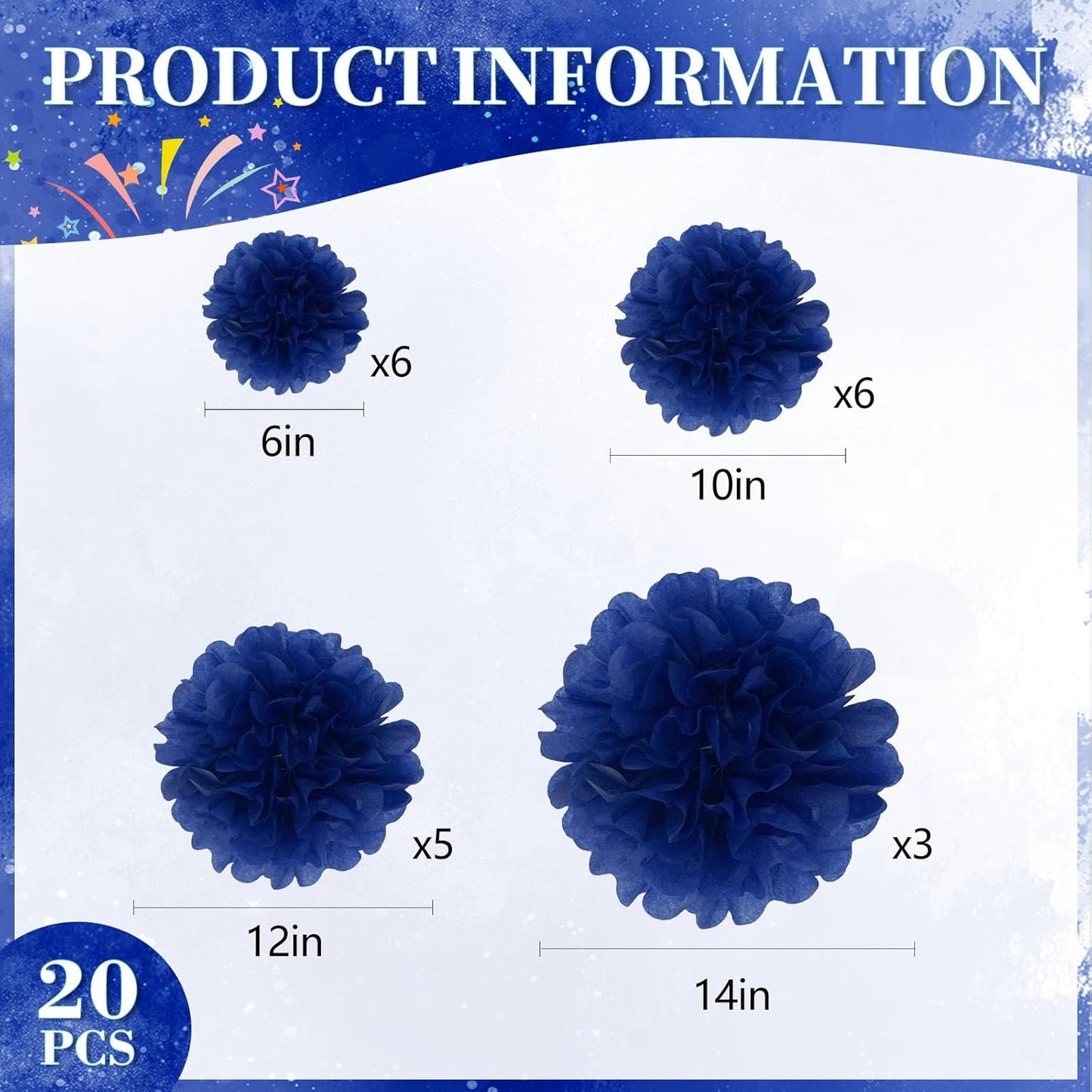 20 PCS Orange Tissue Paper Pom Poms, Tissue Pom Poms Flowers, Sizes of 6", 10", 12", 14" Hanging Paper Flower Ball for Wedding, Birthday, Halloween, Christmas, Baby Shower Party Decor