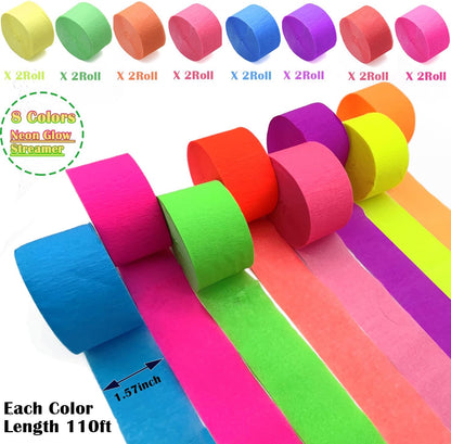 600 feet Glow Crepe Paper Streamers UV Glow Party Neon Streamer Decorations Glow in The Dark Black Light Reactive Fluorescent Neon Paper Party Streamers Wedding Birthday Blacklight Party Supplies
