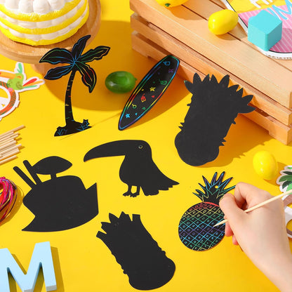 Motionchic 80 Pieces Hawaiian Luau Party Scratch Cards Rainbow Tropical Party Paper Crafts for Kids with Wooden Stick and Ribbon for Summer Birthday Party Tiki Party Supplies