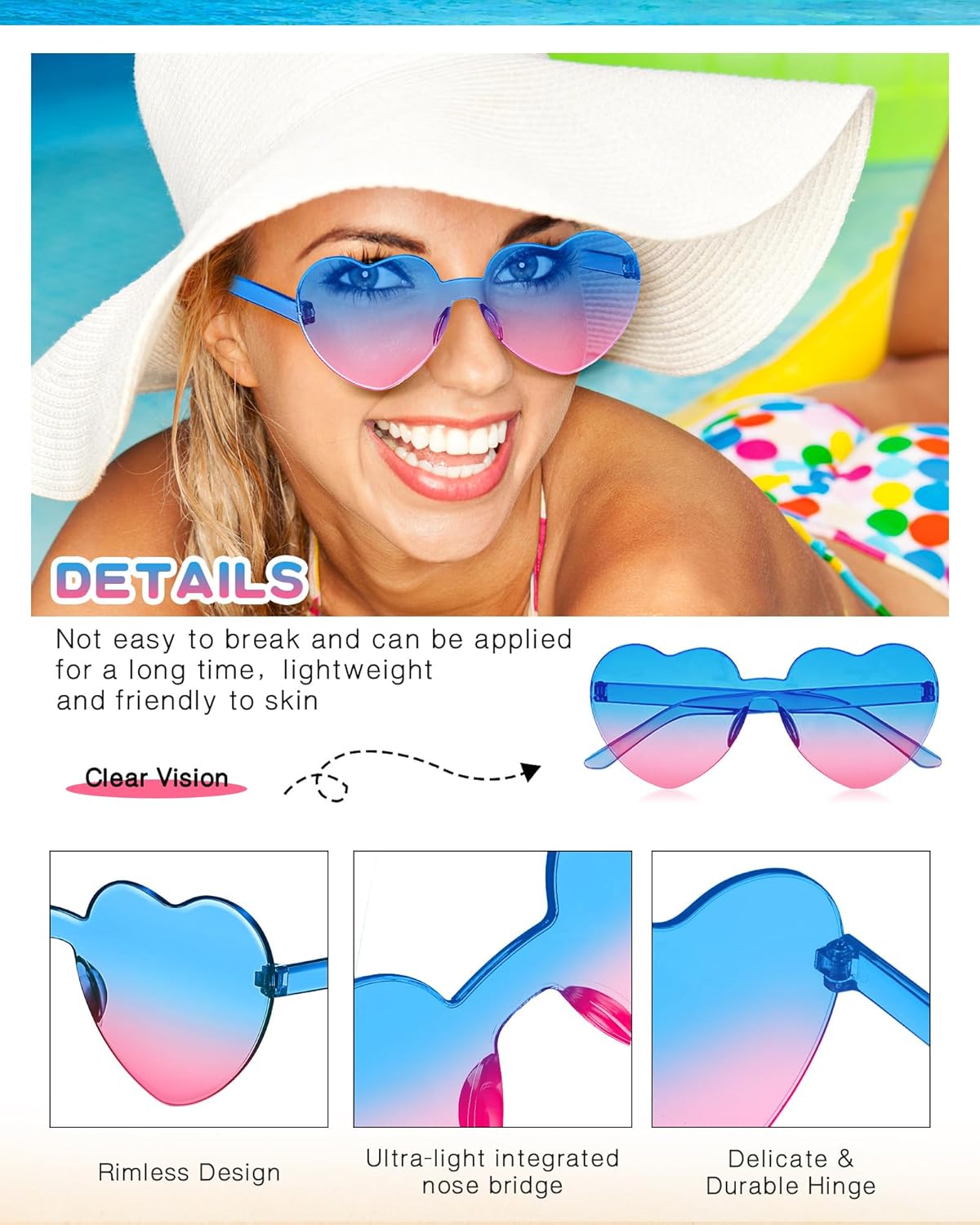 Photect 12 Pair Heart Shaped Sunglasses Neon Color Transparent Heart Glasses for Women Party Favor