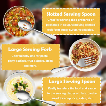 8 PCS Stainless Steel Serving Utensils, Large Serving Spoons Slotted Spoons, Forks, Ice Suger Tongs, Cake Server, Soup Ladle, Metal Utensils Set Great for Buffet Catering Banquet Party, Gold