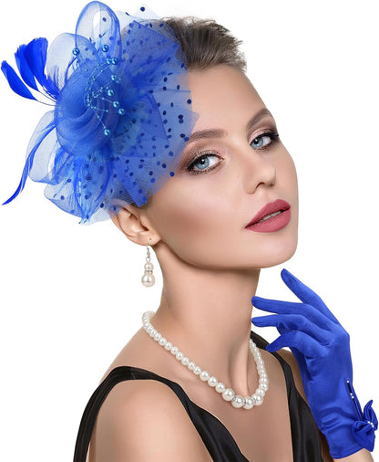 DRESHOW Fascinators Hat Flower Mesh Ribbons Feathers on a Headband and a Clip Tea Party Headwear for Girls and Women - Colors A