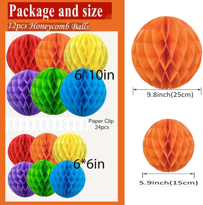 Rainbow Paper Honeycomb Balls,6 and 10 inch Hanging Tissue Pompoms,12 Pack Party Decorations