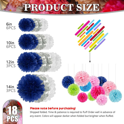 Tissue Paper Pom Poms, Pink Tissue Paper Flowers, Hanging Flower Balls for Weddings Fiesta Parties Birthday Baby Showers Classroom Bridal Shower Decoration (18Piece Set-6/10/12/14Inch)