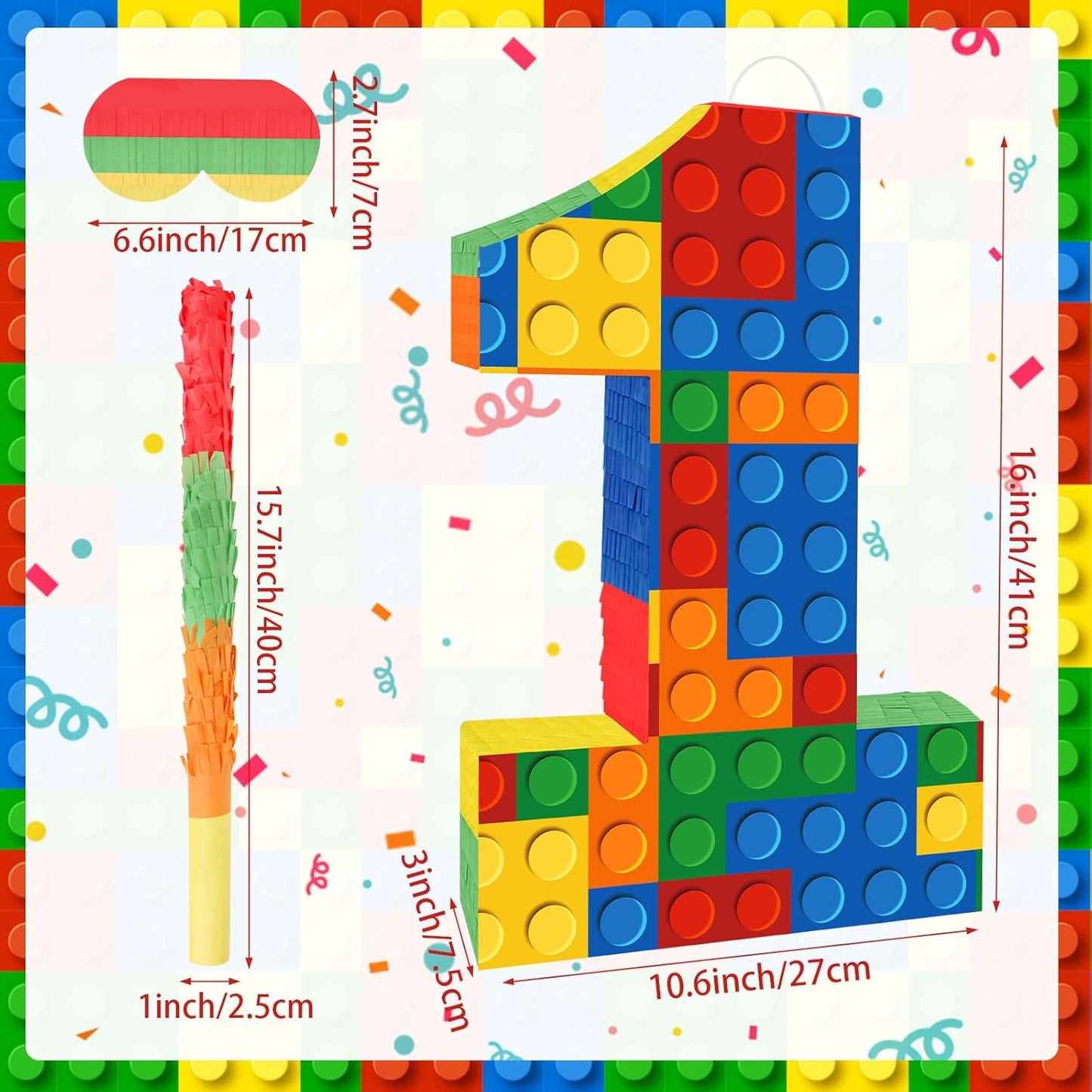 Number 7 Pinata Building Blocks with Pinata Stick Blindfold 7th Birthday Party Decorations Happy Birthday Building Block Theme Anniversary Party Supplies for Kids (Small, 16 x 10.6 x 3 in)