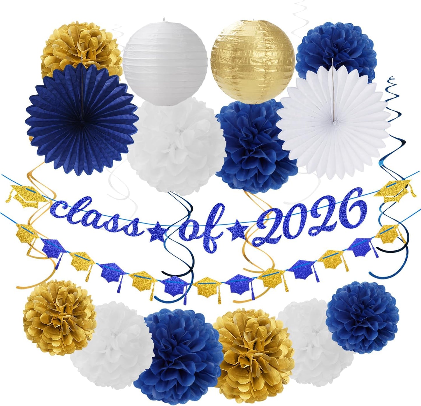 2026 Blue Class-Congratulations Prom Graduation Party-Decorations - 22pcs High School College Grad Supplies Decor,Royal Navy White Silver Tissue Pom Poms Streamers, Paper Flowers Lanterns Hugmoon
