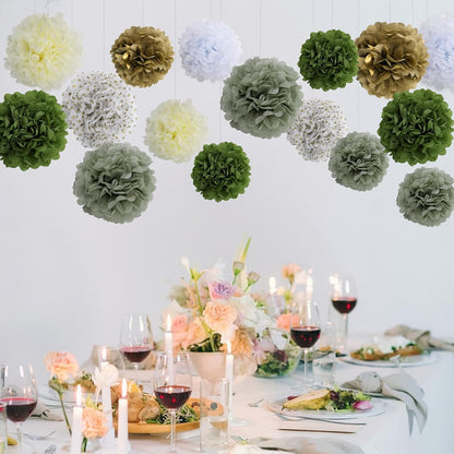 BestoFun 16 PCS Sage Green Party Decorations Tissue Paper Flowers Christmas Party Decors Hanging Pom Poms Decorations for Xmas New Year Winter Holiday Decorations