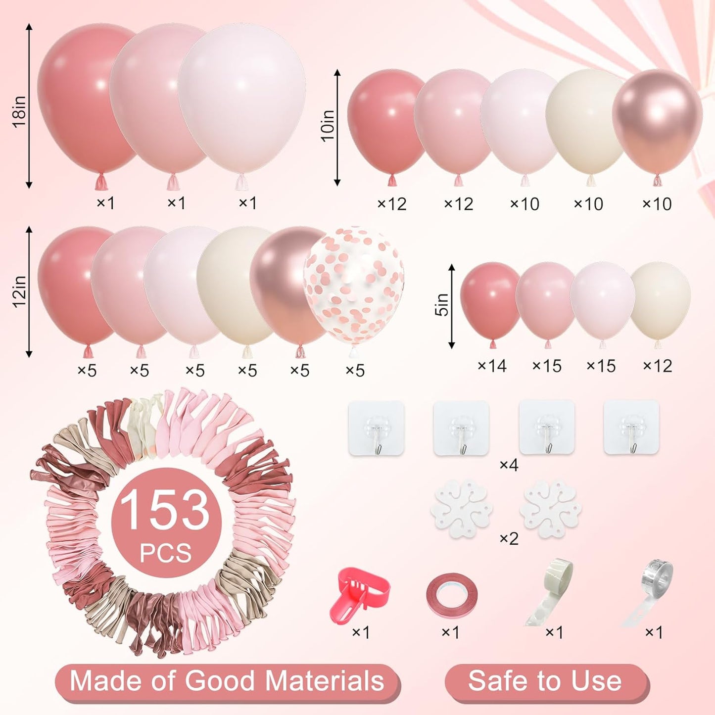 Amandir 153pcs Pink Purple Balloon Garland Arch Kit, Different Sizes 18 12 10 5 inch Pink Purple Red Latex Metallic Confetti Purple Balloons for Girl Women Birthday Bridal Baby Shower Party Decoration