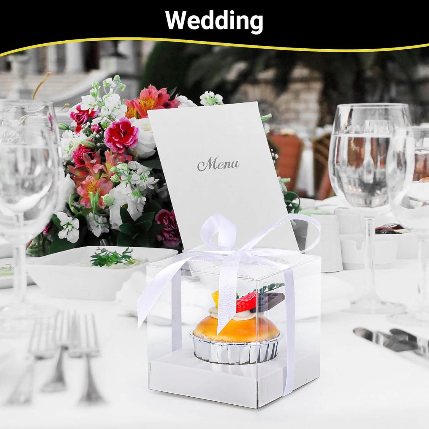 EUSOAR Individual Cupcake Holder, 50pcs 3.5 Inch Plastic Black Cupcake Containers with Lids, Single Transparent Display Clear Cupcake Carrier with Ribbon and Inserts for Wedding Party Favor