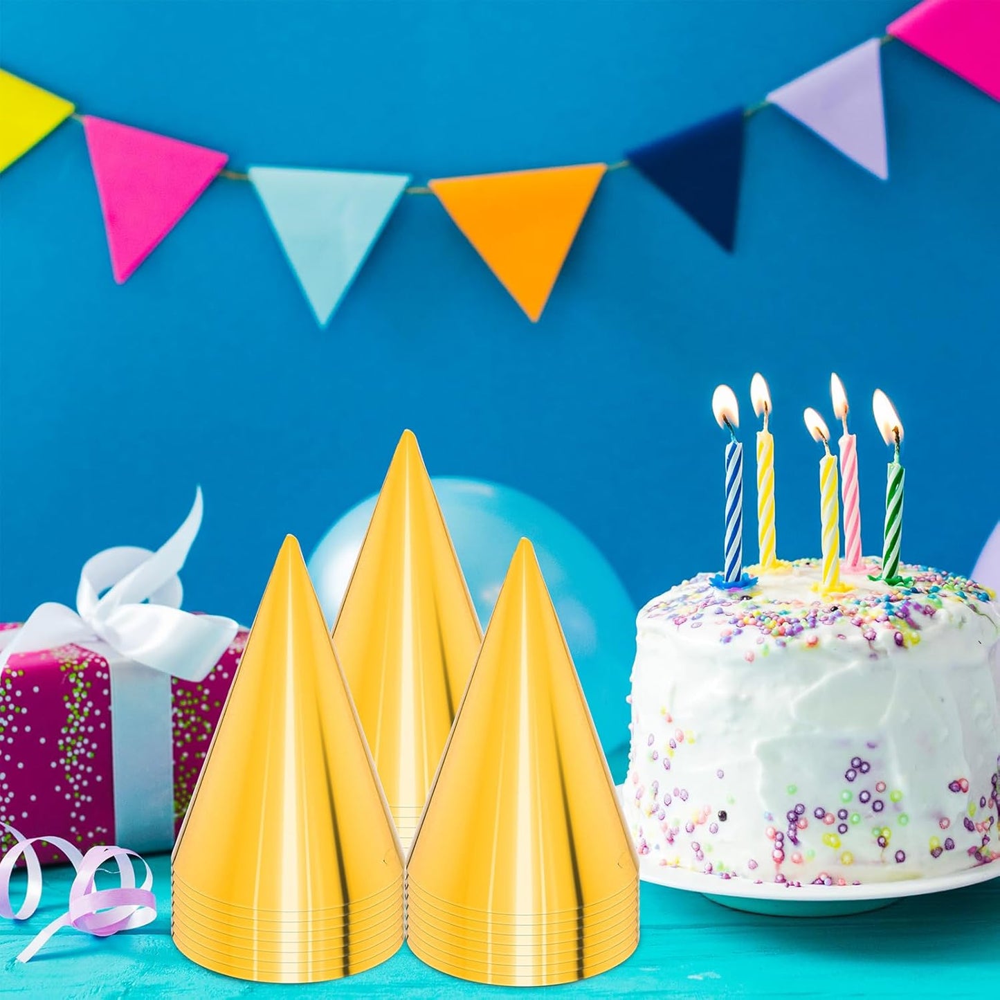 24 PCS Party Cone Hats DIY Birthday Paper Cone Hats for Kids and Adults Birthday, Baby Shower, Bridal Shower