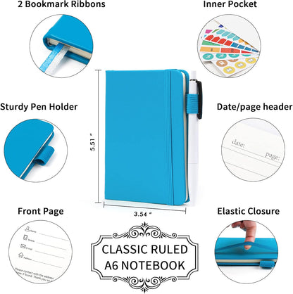 feela 6 Pack Pocket Small Notebooks Bulk, Mini Cute Memo Notepads Hardcover College Ruled Lined Journals with Pen Holder for Women Girls Office School, with 6 Black Pens, 3.5”x 5.5”, A6, Rose Pink
