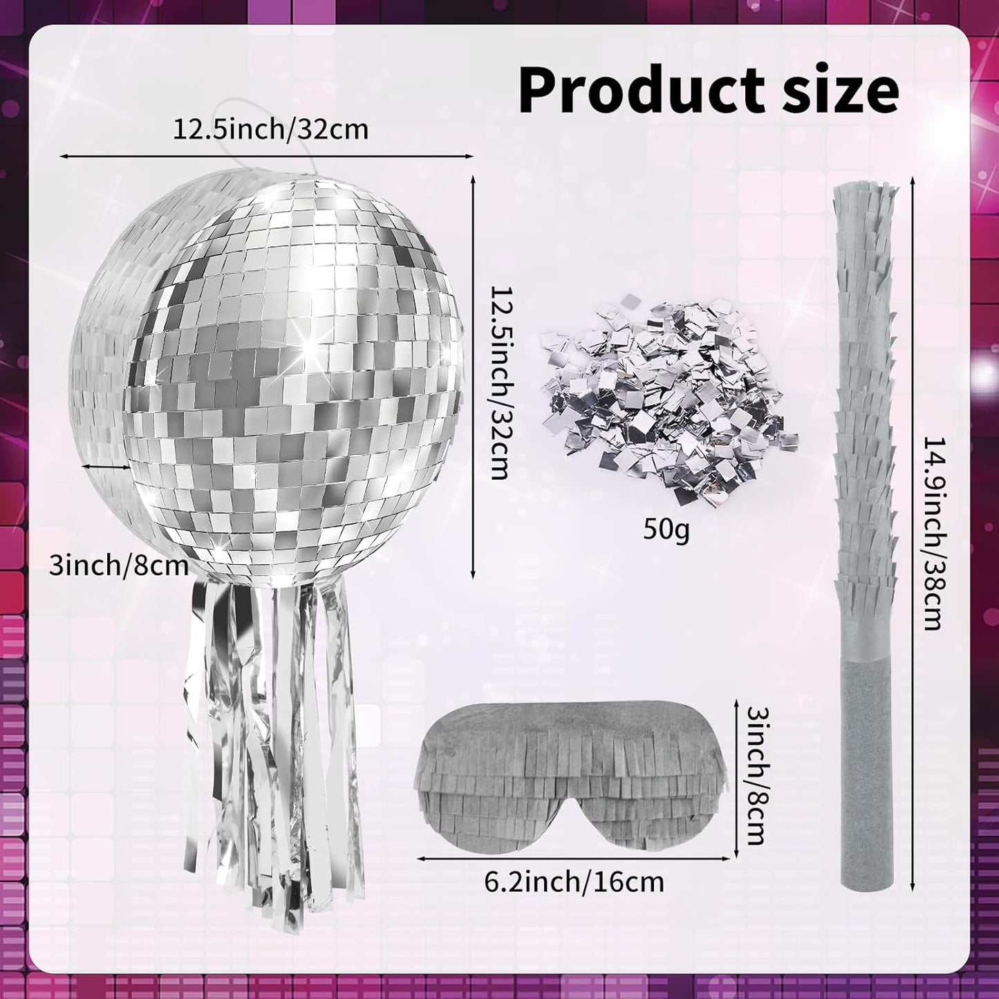 Disco Ball Pinata with Stick and Blindfold 80s 90s Theme Party Decorations Silver Mirror Disco Ball Pinata for Birthdays Weddings Roller Skating Party Supplies