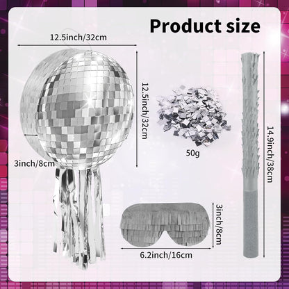 Disco Ball Pinata with Stick and Blindfold 80s 90s Theme Party Decorations Silver Mirror Disco Ball Pinata for Birthdays Weddings Roller Skating Party Supplies