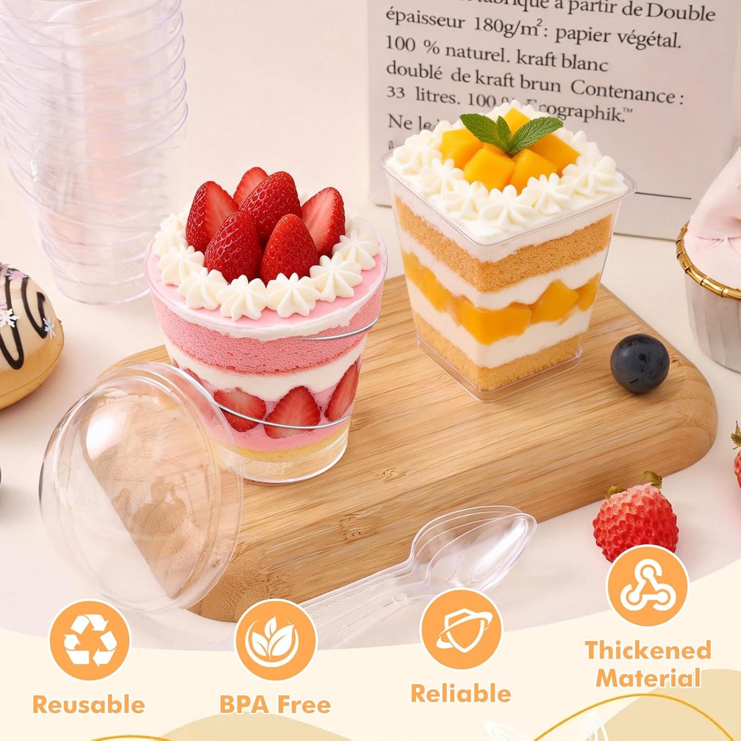 mwellewm 400 Pcs Dessert Cups with Lids and Spoons, 5 OZ Parfait Cups 3 OZ Plastic Desert Cups Clear Mini Shooter Cups for Party Reusable Small Appetizer Serving Fruit Cup Ice Cream Cake Pudding