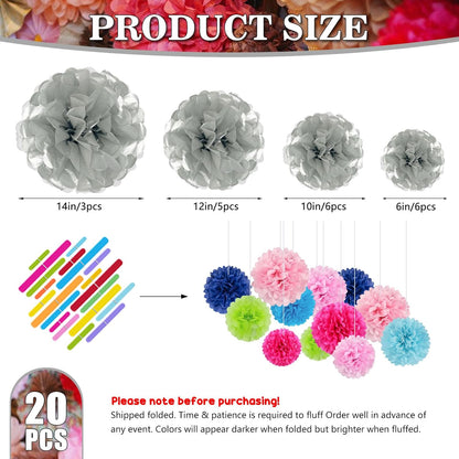 Tissue Paper Pom Poms, Pink Tissue Paper Flowers, Hanging Flower Balls for Weddings Fiesta Parties Birthday Baby Showers Classroom Bridal Shower Decoration (18Piece Set-6/10/12/14Inch)